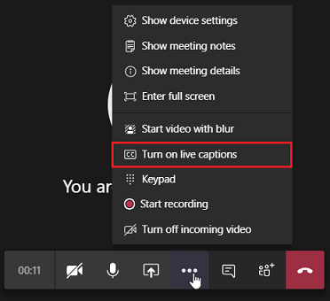 Screenshot showing the Turn on live captions option
